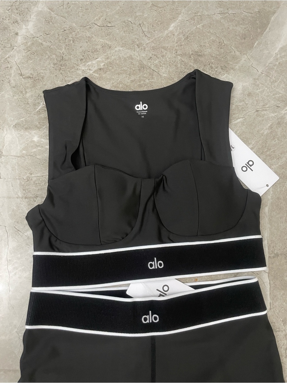 ALO Yoga Black Legging and Crop Top Set with White Trim - Picture 3 of 5